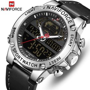 Naviforce Top Brand Mens Fashion Sport Watchs Men 가죽 방수 쿼츠 손목 시계 군용 아날로그 디지털 리노이오 Masculino251k
