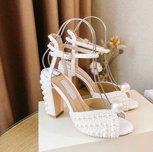 Elegant Sacaria Platform Heel Sandals Shoes All-Over Pearl Embellment Women Sacora Elegant Bridal Wedding Dress Pumpar Luxury Brands Lady High Heels Shoe