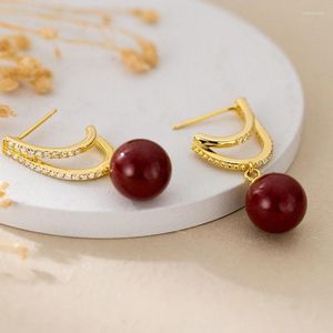 Dangle Earrings Retro Cinnabar Stone Inlaid Zircon Curved S925 Sterling Silver Women's Exquisite Vintage Jewelry Christmas Gifts