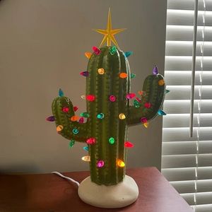 Cactus Christmas Tree Resin Removable LED Lights Glowing Figurines Decoration 2023 Miniatures Room Home Decor Statue 231225