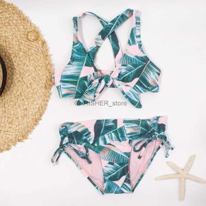 Bikinis Set Yaprak Baskı Bandaj Kız Çocuk Mayo Mayo 7-14 yıl Falbala Çocuk Bikini Set Toptan Marka Bebek Biquini Infantil 278L231225