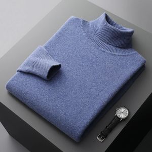 Höst och vinter 100% Pure Merino Wool Pullover Mens Turtleneck Cashmere tröja förtjockad varm lös fast färg Topp 231222