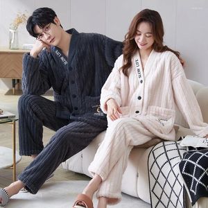 Męska odzież sutowa jesienna zima gęsto gęsto aksamitna piżama dla pary Kawaii Kimono Style miłośnicy mężczyzna Kobieta Plaid Flannel Pijamas