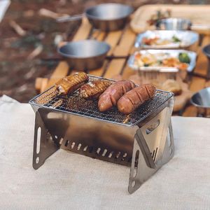Grills Portable Folding BBQ Grill Heating Stoves Multifunction Camping Barbecue Grill Rack Net Firewood Stove Stainless Steel BBQ Grill
