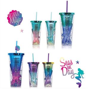 12oz dubbelskikt plasttumblers Creative Gradient Mermaid Straw Cup Electropating Color Sequin Fish Tail Cups T9I002533