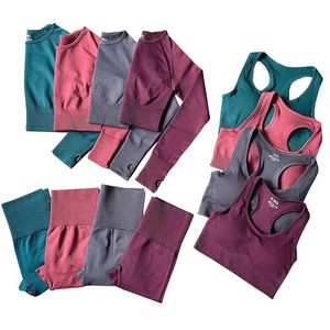 Outfits New Woman Yoga Outfit Solid Gym Clothing Workout Sets Sports Bra Seamless Leggings Long Sleeve Crop Top Female Trainning Clothes S