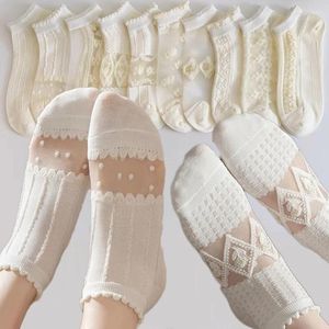 Women Socks 5pairs Summer Thin Hollow Crystal Cool Hateble Flowers White Invisible Boat Mesh Ultra-Thin EU 35-39