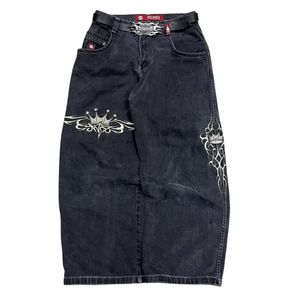 JNCO Jeans Y2K Mulheres Harajuku Retro Hip Hop Bordado Baggy Calças Pretas Gótico Cintura Alta Calças Largas Streetwear 231225