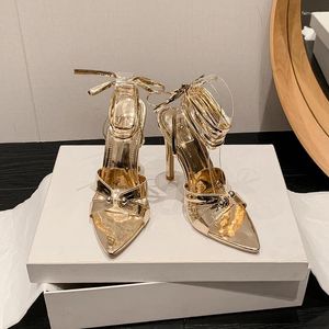 Sandals Sexy Ankle Strap Gold For Women Party Nightclub Stripper Heels High Quality Crystal Rivet Pointed Peep Toe Wedding Shoes