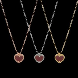 Designer Girls Heart Red Agate Pendant Choke Necklace Elegant Women Girls Love Sier Rose Gold VC Engrave Chain Fashion Wedding Jewelry 45cm