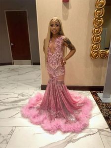 Sparkly Pink Diamond Crystals Mermaid Prom Dresses 2024 för svarta flickor Beading Sequins Lång elegant födelsedagsfestklänning