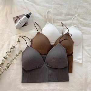 Frauen Tanks Frauen nahtloses Ernte-Top Unterwäsche drahtfreie V-förmige Kamisol Dünne Träger gestreifte Feste Bralette Dessous einteilige Röhrchen-Tops