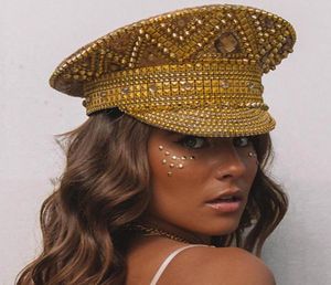 Basker kvinnor guld paljett brinnande brud militär hatt lyx brud kapten Sergeant Rhinestone Festival Birthday Part Hatberets5846882