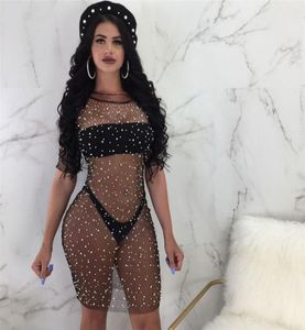 Schwarzer Bikini Beach Cover ups Frauen weiß glänzende Verzierung Mesh Fishnet Kleid für Badeanzug Badedel