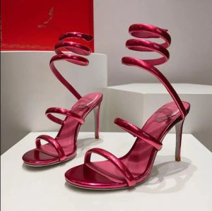 Spegel läder stiletto häl sandaler 95 mm klänningskor mode höga klackar kvällskor runt lyxdesigner fabrikskor