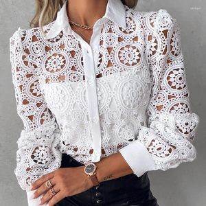 Blouses femininas 2024 Primavera Verão Summer Solid Color Lace Cut-out Ruffles Top lapeL Single Bastested