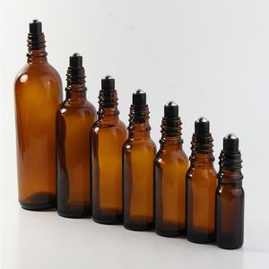 Rotolo di vetro ambra all'ingrosso su bottiglie 5 ml 10 ml 15 ml 20 ml 30 ml 50 ml da 100 ml di contenitori di vetro spesso con rullo SS e coperchi neri su promozione