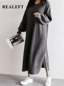 REALEFT Autumn Winter Oversize Women's Knitted Dresses O-Neck Side Split Loose Long Sleeve Sweater Dress Female 231225