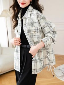 Женские куртки, осеннее высококачественное твидовое пальто в клетку для женщин 2023, зимний дизайн, перекрещивающаяся повязка, винтажная свободная верхняя одежда, топ