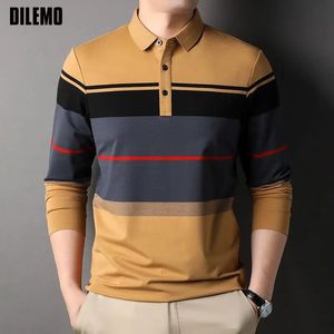 Erstklassige Designer Modemarke Striped Luxus reguläre Fit Kleidung für Männer Polo Shirt Casual Long Sleeve Tops 231222