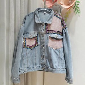 Women's Jackets AYUALIN Boho Casual Long Sleeve Autumn Coats For Women 2023 Fashion Lapel Loose Jeans OutWear Vintage Sequins Denim