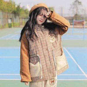 Damen Trenchcoats Winter Japanisch Soft Girl Gepolsterter Mantel Frauen Harajuku Kawaii Fax Pelz Lammjacke Teenager Braun Vintage Plaid Warm Mit Kapuze