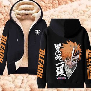 Vinteranime blekmedel blixtlås jacka lambool fleece hoodies förtjockar y2k tröja streetwear kurosaki ichigo jackor unisex coat