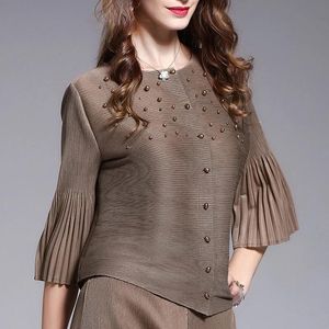 Jackets Lanmrem Beading Pleated Tops Famale 2023 Spring Novo Single Bressoted Flare Three Quarter Sleeve Short Style Women YJ487