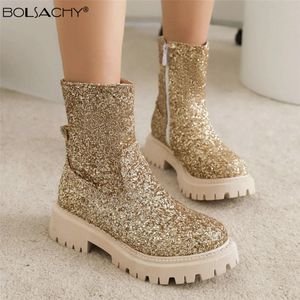 Women Chelsea Boots Shiny Sequined Cloth Autumn Winter Trend Thick-soled Female Ankle Booties All-match Marton Boats Ladies 231225