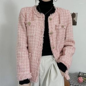 Women's Jackets Winter Oversize Round Collar Woolen Plaid Single Breasted Fringes Peacoat Jacket Tweed Coat