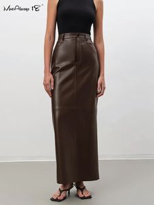 Mnealways18 Vintage Brown PU Long Warm Skirts Female Ankle Length Faux Leather Office Ladies Split Solid Straight 231225