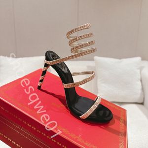 Rhinestone Snake Strass stiletto sandals Rene Caovilla Cleo 95mm Evening shoes women's high heels Ankle Wraparound luxury designer factory party shoes with box