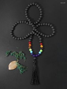 Hänge halsband yuokiaa naturlig svart lava vulkan sten7 chakra pärlstörning siden tassel lång halsband andlig buddha smycken gåva