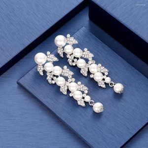 Серьги Серьги роскошные серебряный цвет жемчужный кристалл свадебный падение для женщин свадебные цветочные длинные женские жены