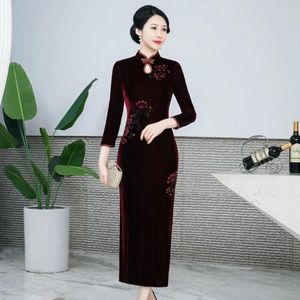 Ubranie etniczne plus rozmiar aksamitne kobiety qipao retro klasyczny nadruk kwiat Cheongsam chiński tradycyjny kołnierz mandarynki długa sukienka seksowna