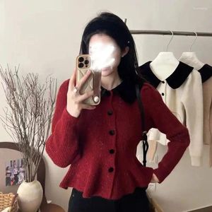 Magliette da donna HSA Red Red Winter Velvet Polo Collar Cardigan Short Petite in stile Long Sleeved Top