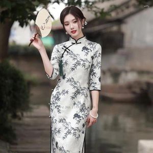 Abbigliamento etnico 2023 Abito tradizionale cinese Qipao Nazionale di bambù Stampa scamosciata Cheongsam Orientale Elegante banchetto Serata di festa