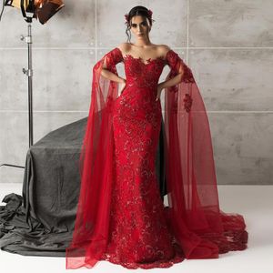 Red Mermaid Beaded Evening Dresses Lace Sequined Prom Gowns With Long Sleeves Sheer Bateau Neckline Appliqued Sweep Train Formal Dress