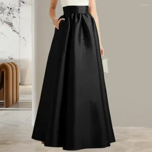 Skirts Classic A-line Women Skirt High Waist Elegant Vintage Satin Maxi With Pockets For Autumn