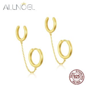 Huggie ALLNOEL Plated Gold Hoop Earrings 925 Silver Woman Double Hole Link Chain Circle Girl Ear Rings for Women Fine Jewely Newly 2022