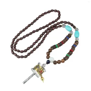 Pendant Necklaces Tibetan Buddhist Long Necklace Prayer Mantra Wheel Charm Chains Jewelry Antique Wood Beads For Women Valentines Gift