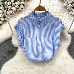 Women's Blouses French Chic Blouse For Women Sales Striped Lapel Single Turn Down Collar Pocket Shirts Summer Casual Female Blusa Drop