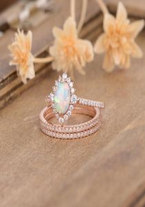 3 modische Ringe aus 14 Karat Roségold mit natürlichem weißen Opal, Diamant-Halo-Ewigkeitsschmuck, Damen-Braut-Verlobungsring-Set, Größe 5123566000