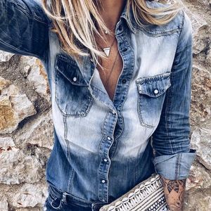 Women's Blouses Retro Washable Denim Shirt For Women 2023 Vintage Basic Button Jacket Casual Slim Fit Jeans Jackets Tops Daily Outwear