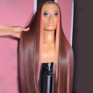 Peruker 40 tum brun rosa spets front peruk hightlight rosa mänskliga hår peruker för kvinnor färgade rak hd 13x4 syntetisk spets frontala peruk