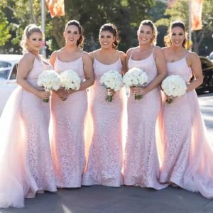 Light 2023 Pink Bridesmaid Dresses Sheath Spaghetti Straps Sleeveless Overskirt Lace Tulle Custom Made Plus Size Maid Of Honor Gowns Vestidos Beach Wedding
