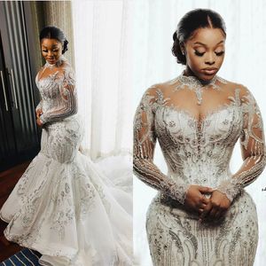 Abiti da sposa con paillettes bianchi di lusso in Arabia saudita 2024 maniche lunghe al collo alto plus size abiti da sposa delle spose di cristallo de mariee