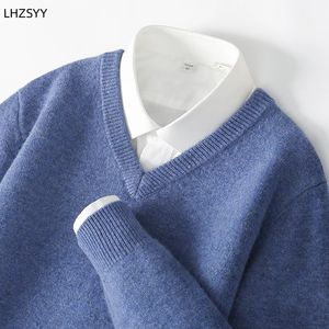 LHZSYY Maglione di cashmere da uomo con scollo a V 23 Autunno Inverno Pullover solido e spesso Camicia base in maglia allentata Giacca casual da lavoro Top 231222