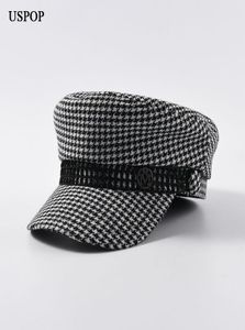 USPOP 2019 Autumn winter women vintage newsboy fashion metal letter M military flat top plaid visor caps Y2001029256149