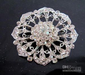 Broche de flor grande de cristal de diamantes de imitación transparente chapado en plata vintage para boda 1994341